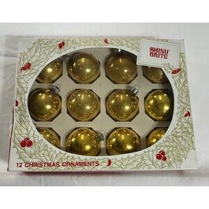 12 Vintage Shiny Brite Christmas Tree Ornaments GOLD Original Box, 2.25” Balls